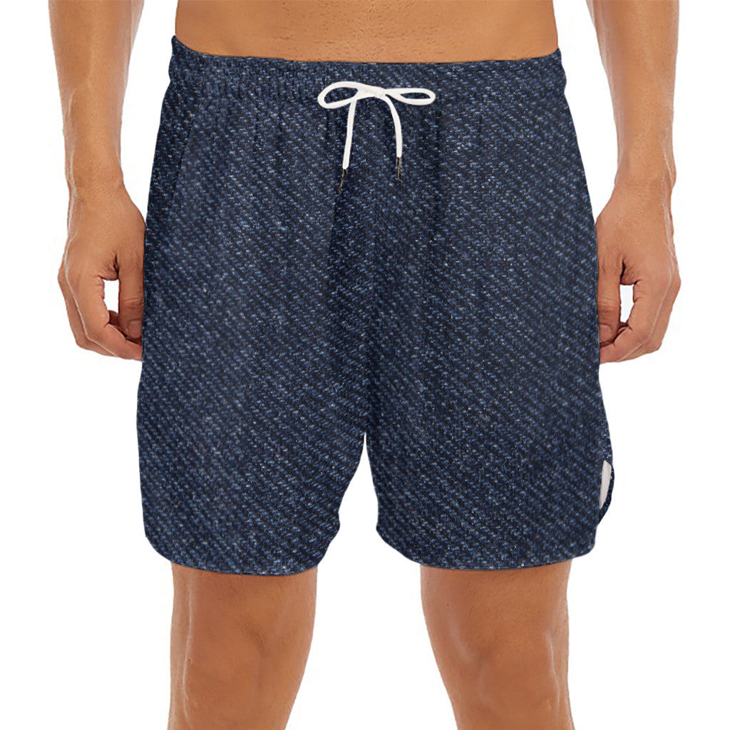 Dark Blue Denim Jeans Print Men's Split Running Shorts