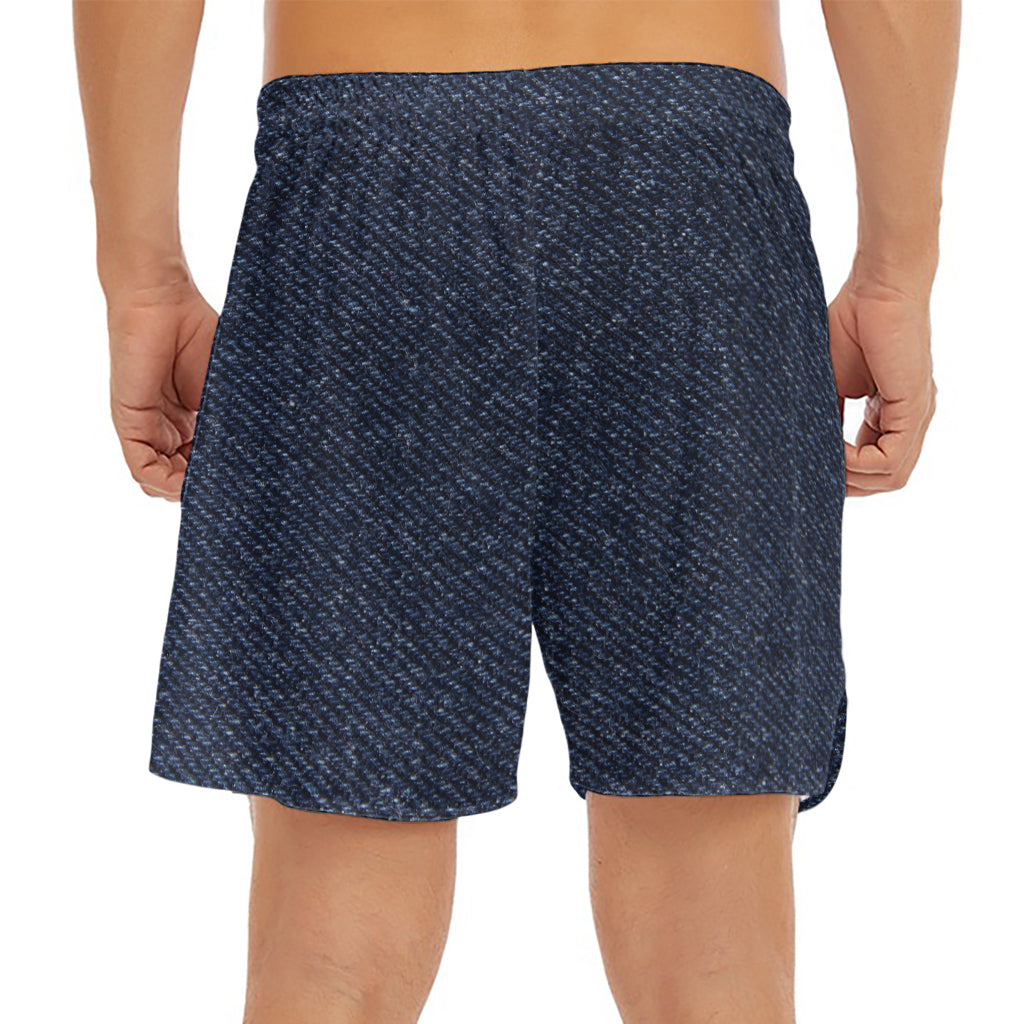 Dark Blue Denim Jeans Print Men's Split Running Shorts