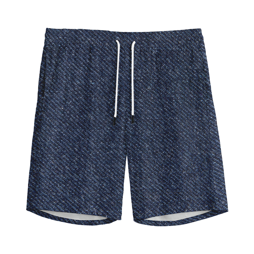 Dark Blue Denim Jeans Print Men's Sports Shorts