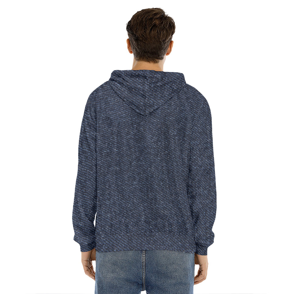 Dark Blue Denim Jeans Print Men's Velvet Pullover Hoodie