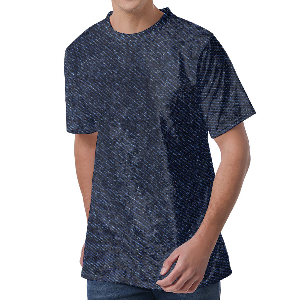 Dark Blue Denim Jeans Print Men's Velvet T-Shirt