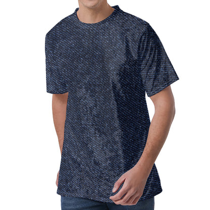 Dark Blue Denim Jeans Print Men's Velvet T-Shirt