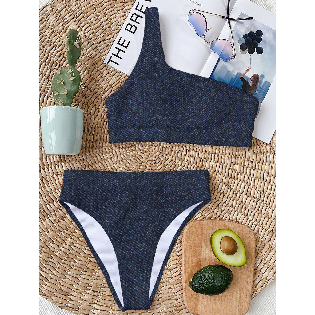 Dark Blue Denim Jeans Print One Shoulder Bikini Top
