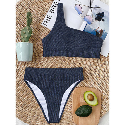 Dark Blue Denim Jeans Print One Shoulder Bikini Top