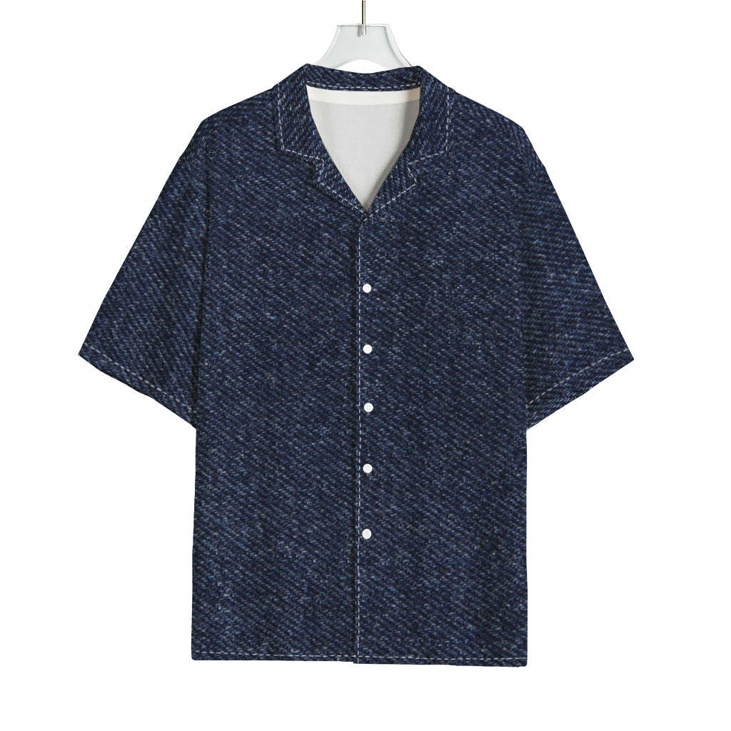 Dark Blue Denim Jeans Print Rayon Hawaiian Shirt