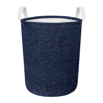 Dark Blue Denim Jeans Print Round Laundry Basket