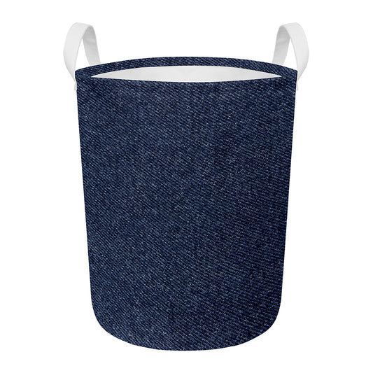 Dark Blue Denim Jeans Print Round Laundry Basket