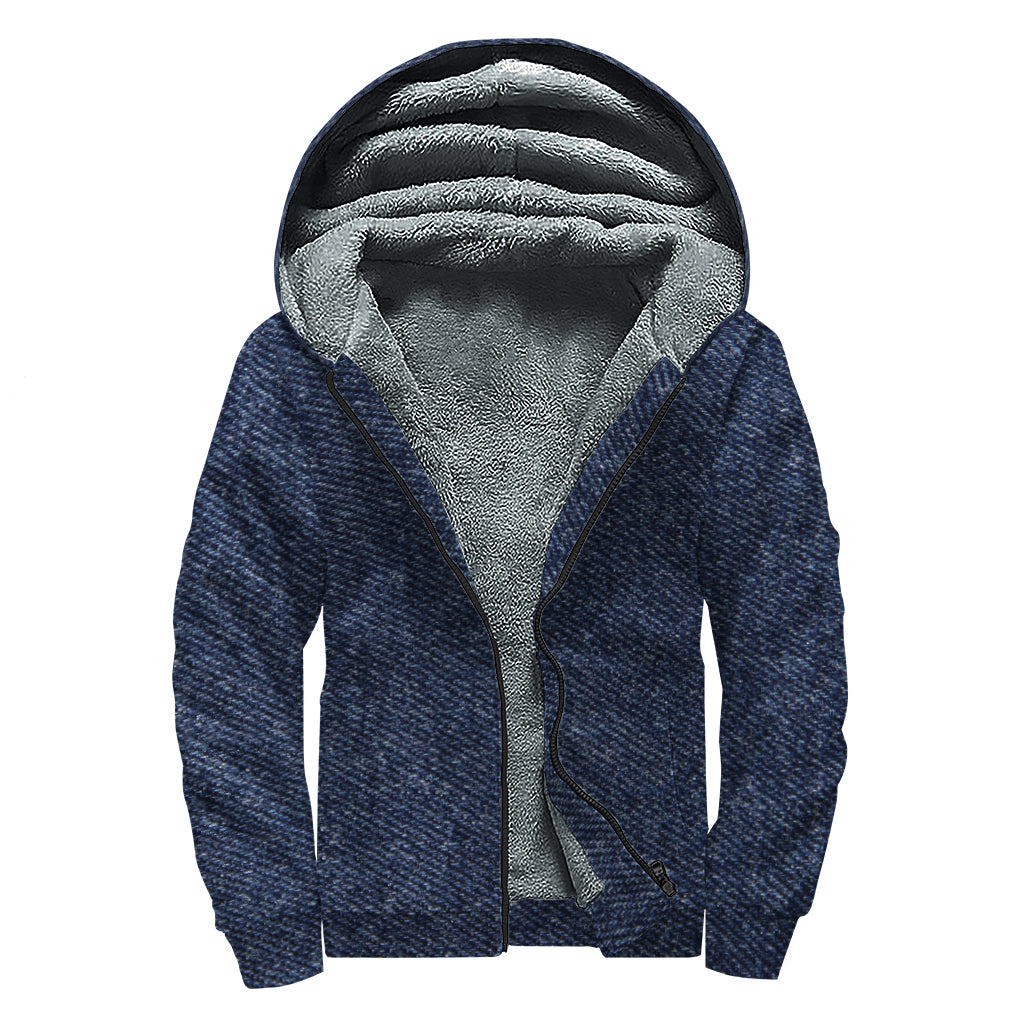 Dark Blue Denim Jeans Print Sherpa Lined Zip Up Hoodie