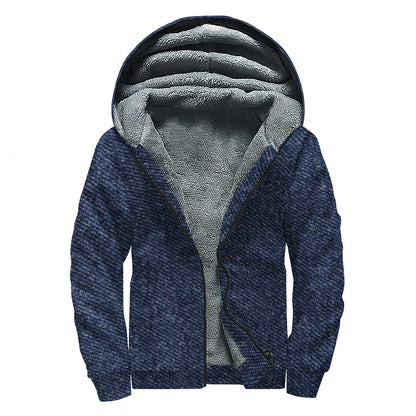 Dark Blue Denim Jeans Print Sherpa Lined Zip Up Hoodie