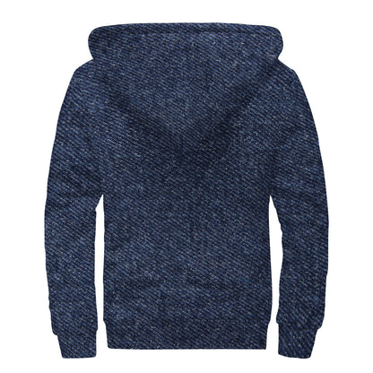 Dark Blue Denim Jeans Print Sherpa Lined Zip Up Hoodie