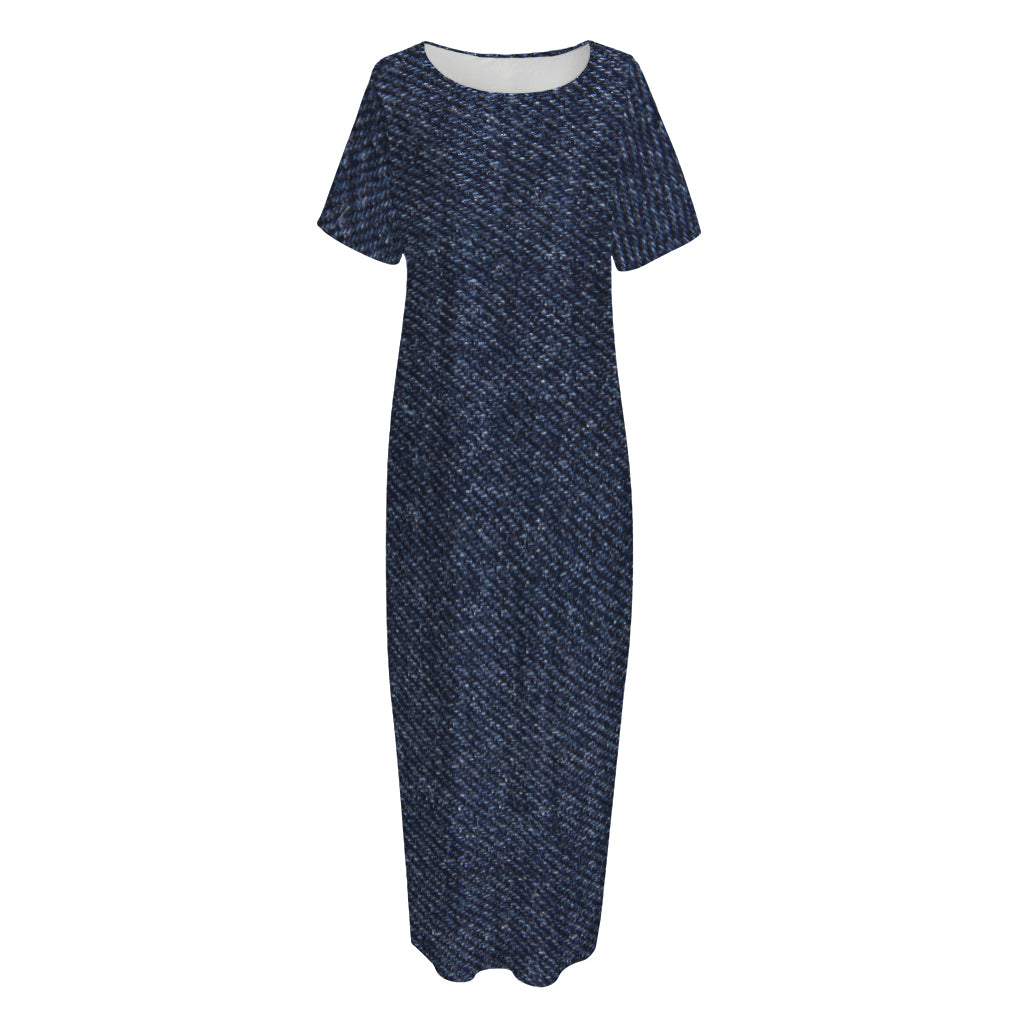 Dark Blue Denim Jeans Print Short Sleeve Long Nightdress