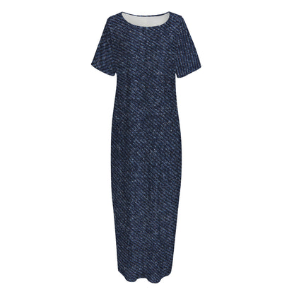 Dark Blue Denim Jeans Print Short Sleeve Long Nightdress
