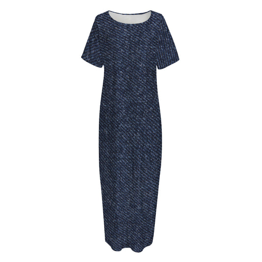 Dark Blue Denim Jeans Print Short Sleeve Long Nightdress