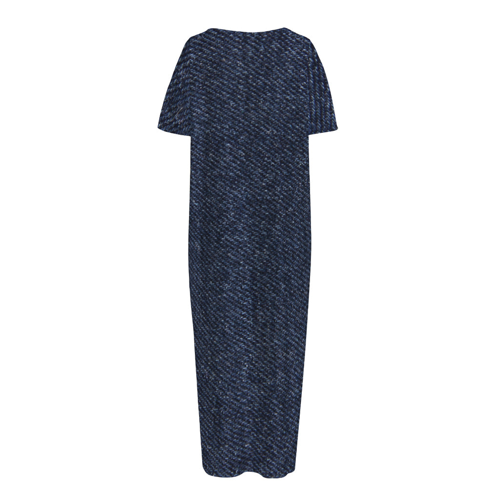 Dark Blue Denim Jeans Print Short Sleeve Long Nightdress