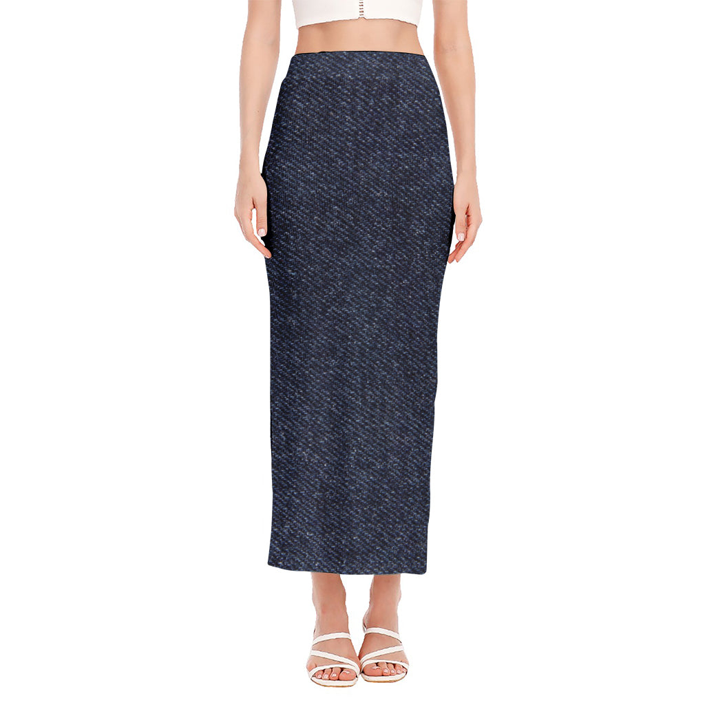 Dark Blue Denim Jeans Print Side Slit Maxi Skirt