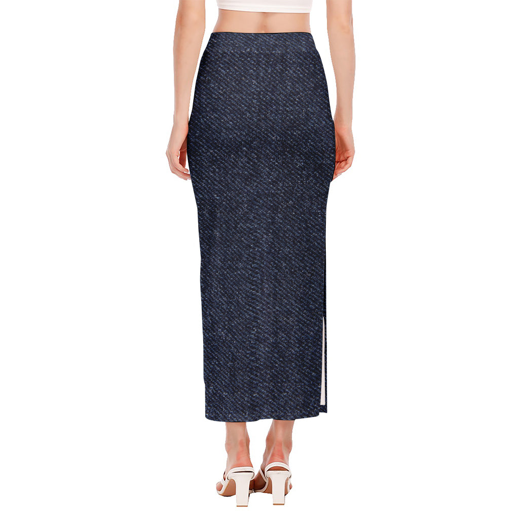 Dark Blue Denim Jeans Print Side Slit Maxi Skirt