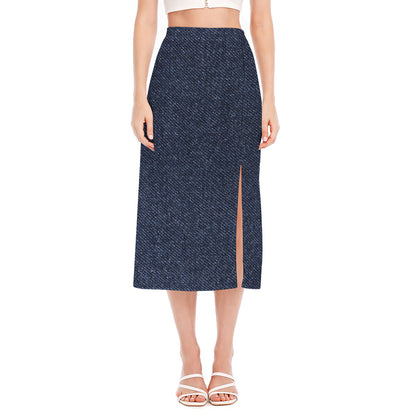 Dark Blue Denim Jeans Print Side Slit Midi Skirt
