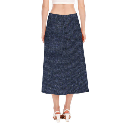 Dark Blue Denim Jeans Print Side Slit Midi Skirt