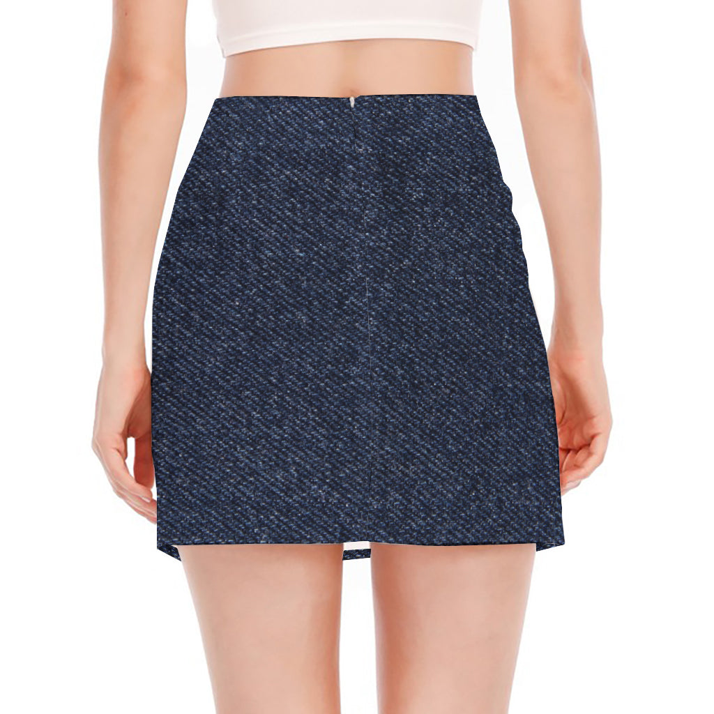 Dark Blue Denim Jeans Print Side Slit Mini Skirt