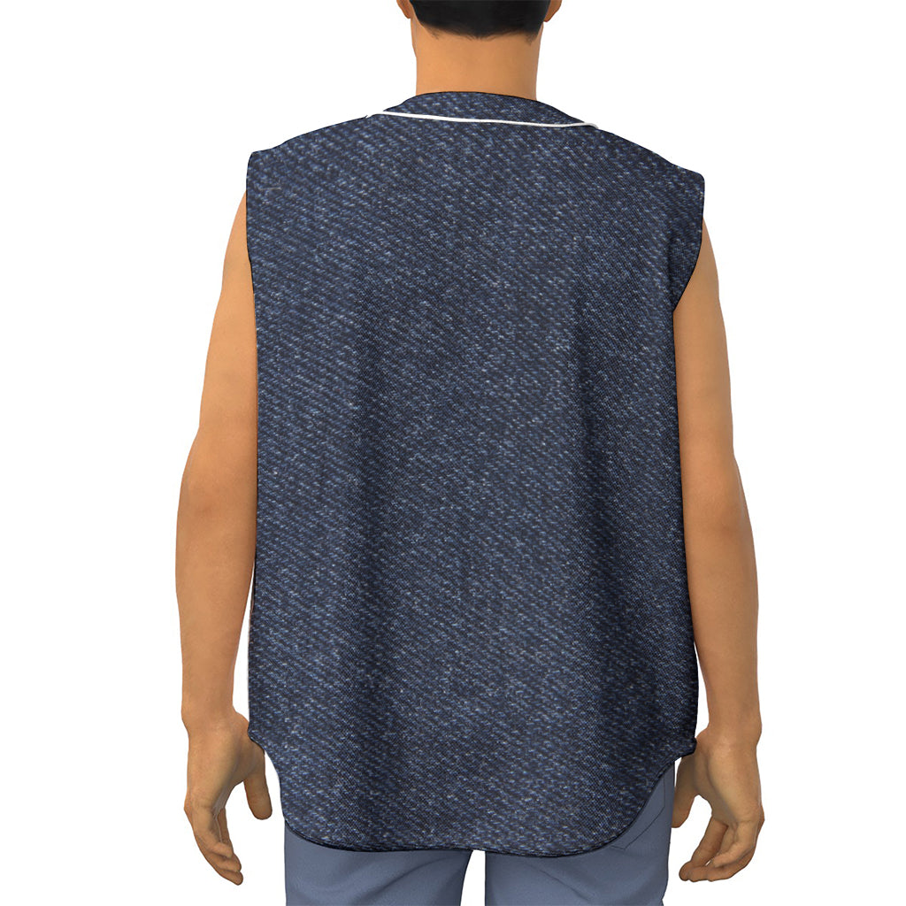 Dark Blue Denim Jeans Print Sleeveless Baseball Jersey