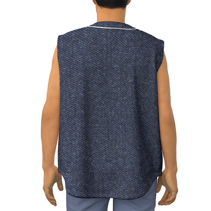 Dark Blue Denim Jeans Print Sleeveless Baseball Jersey