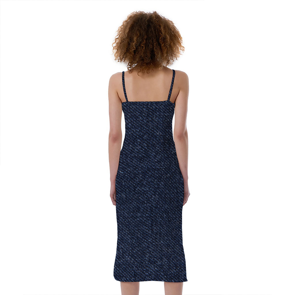 Dark Blue Denim Jeans Print Slim Fit Midi Cami Dress