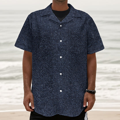 Dark Blue Denim Jeans Print Textured Short Sleeve Shirt