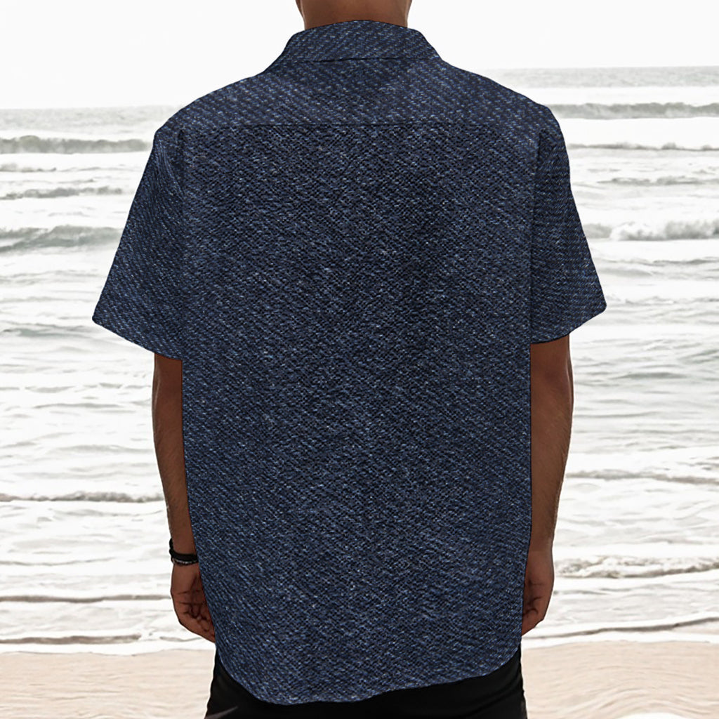 Dark Blue Denim Jeans Print Textured Short Sleeve Shirt