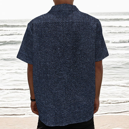 Dark Blue Denim Jeans Print Textured Short Sleeve Shirt