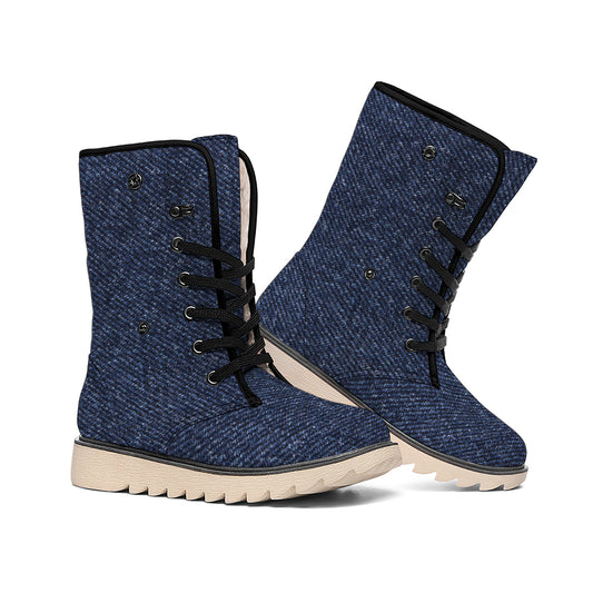 Dark Blue Denim Jeans Print Winter Boots