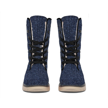 Dark Blue Denim Jeans Print Winter Boots