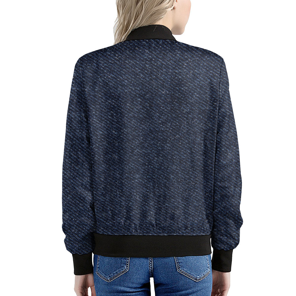 Dark Blue Denim Jeans Print Women's Bomber Jacket