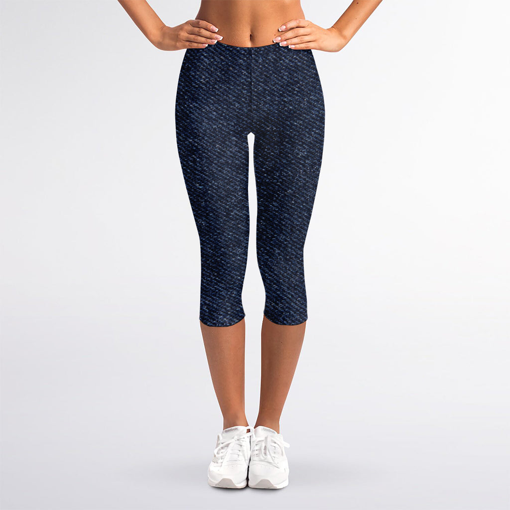 Dark Blue Denim Jeans Print Women's Capri Leggings