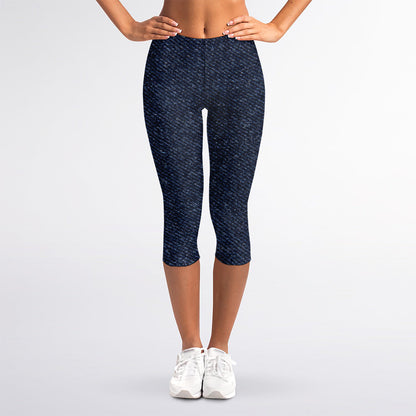 Dark Blue Denim Jeans Print Women's Capri Leggings