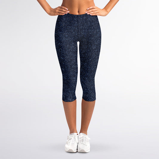 Dark Blue Denim Jeans Print Women's Capri Leggings