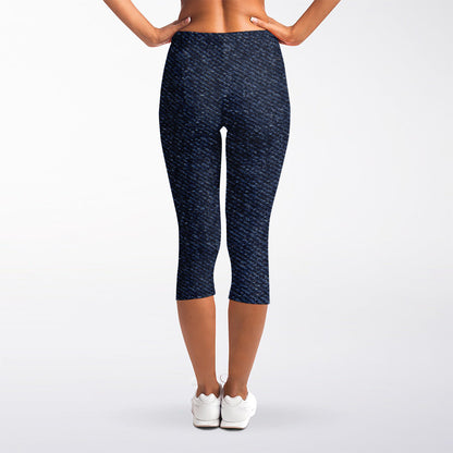 Dark Blue Denim Jeans Print Women's Capri Leggings