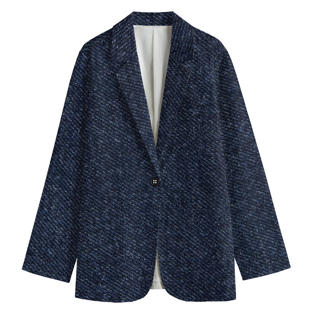 Dark Blue Denim Jeans Print Women's Cotton Blazer