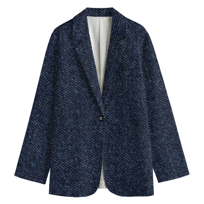 Dark Blue Denim Jeans Print Women's Cotton Blazer