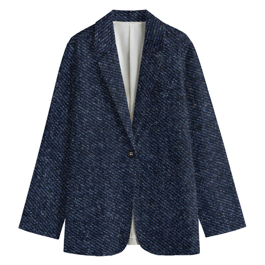 Dark Blue Denim Jeans Print Women's Cotton Blazer
