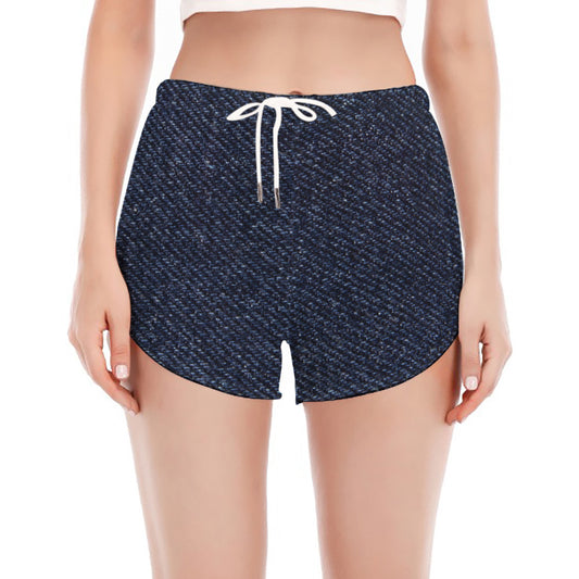 Dark Blue Denim Jeans Print Women's Split Running Shorts