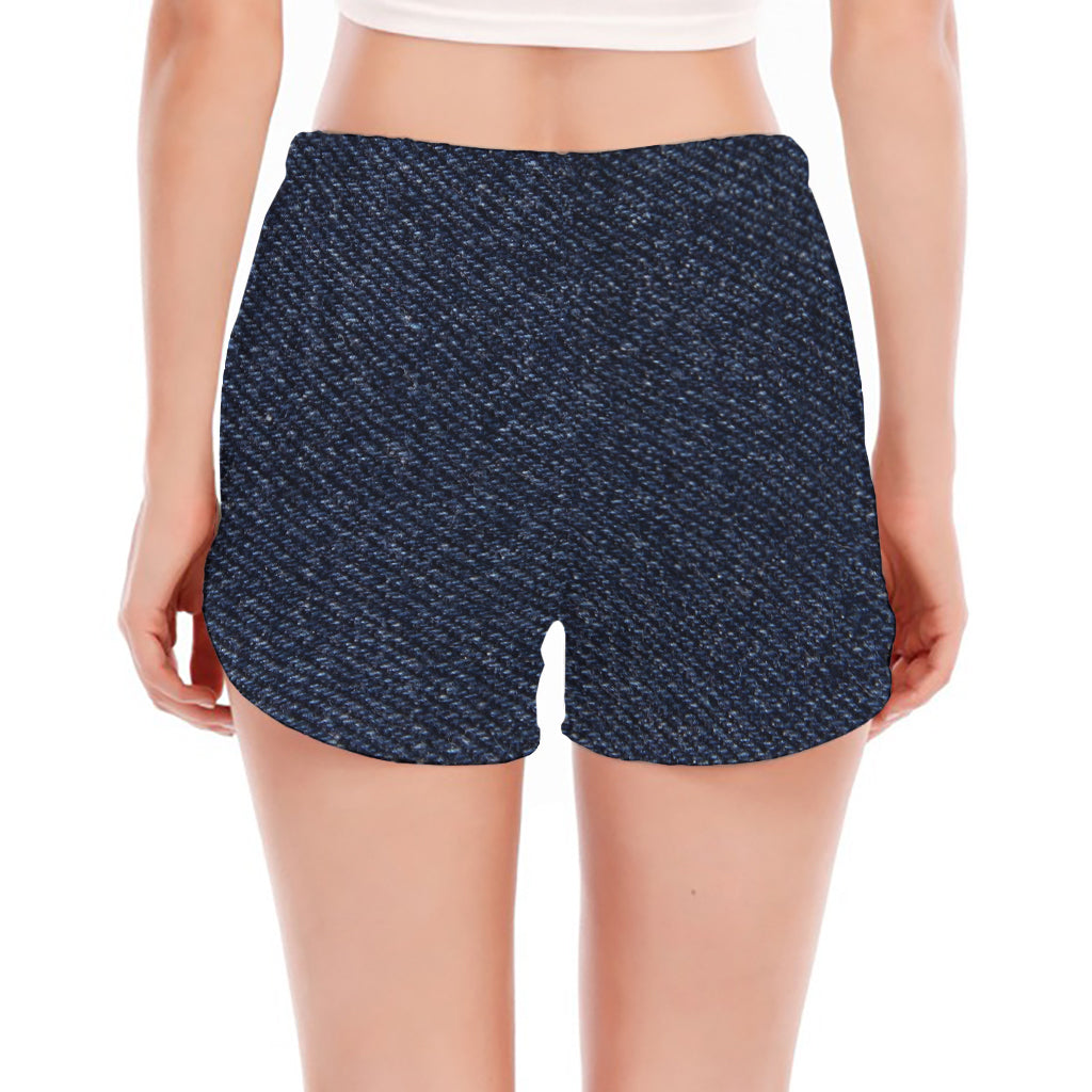 Dark Blue Denim Jeans Print Women's Split Running Shorts