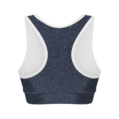 Dark Blue Denim Jeans Print Women's Sports Bra