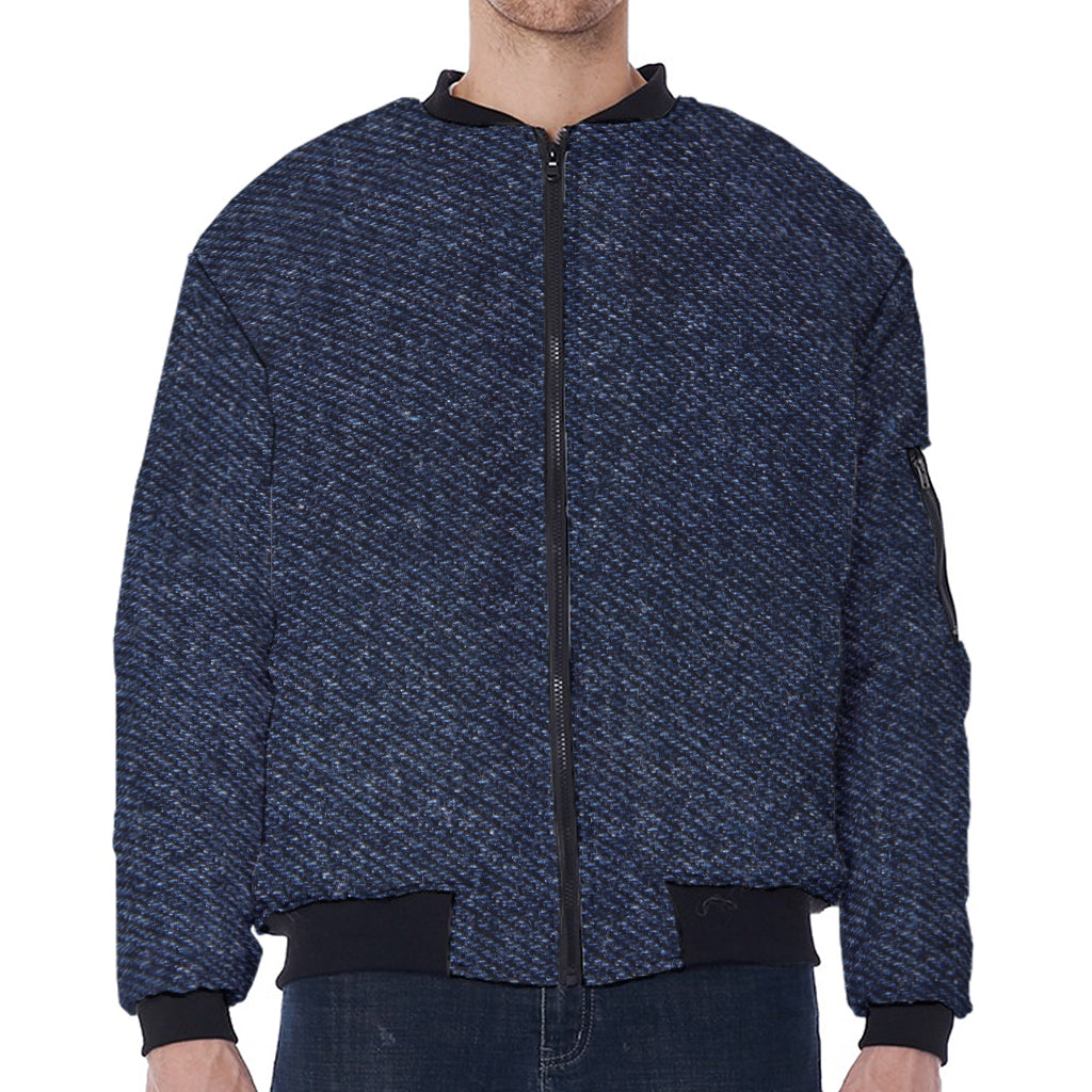 Dark Blue Denim Jeans Print Zip Sleeve Bomber Jacket