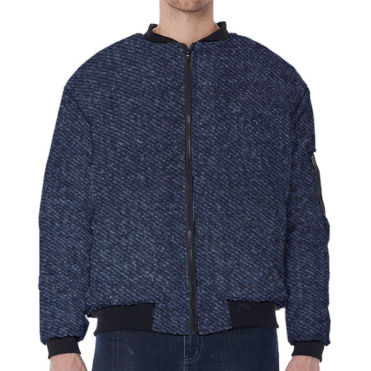 Dark Blue Denim Jeans Print Zip Sleeve Bomber Jacket