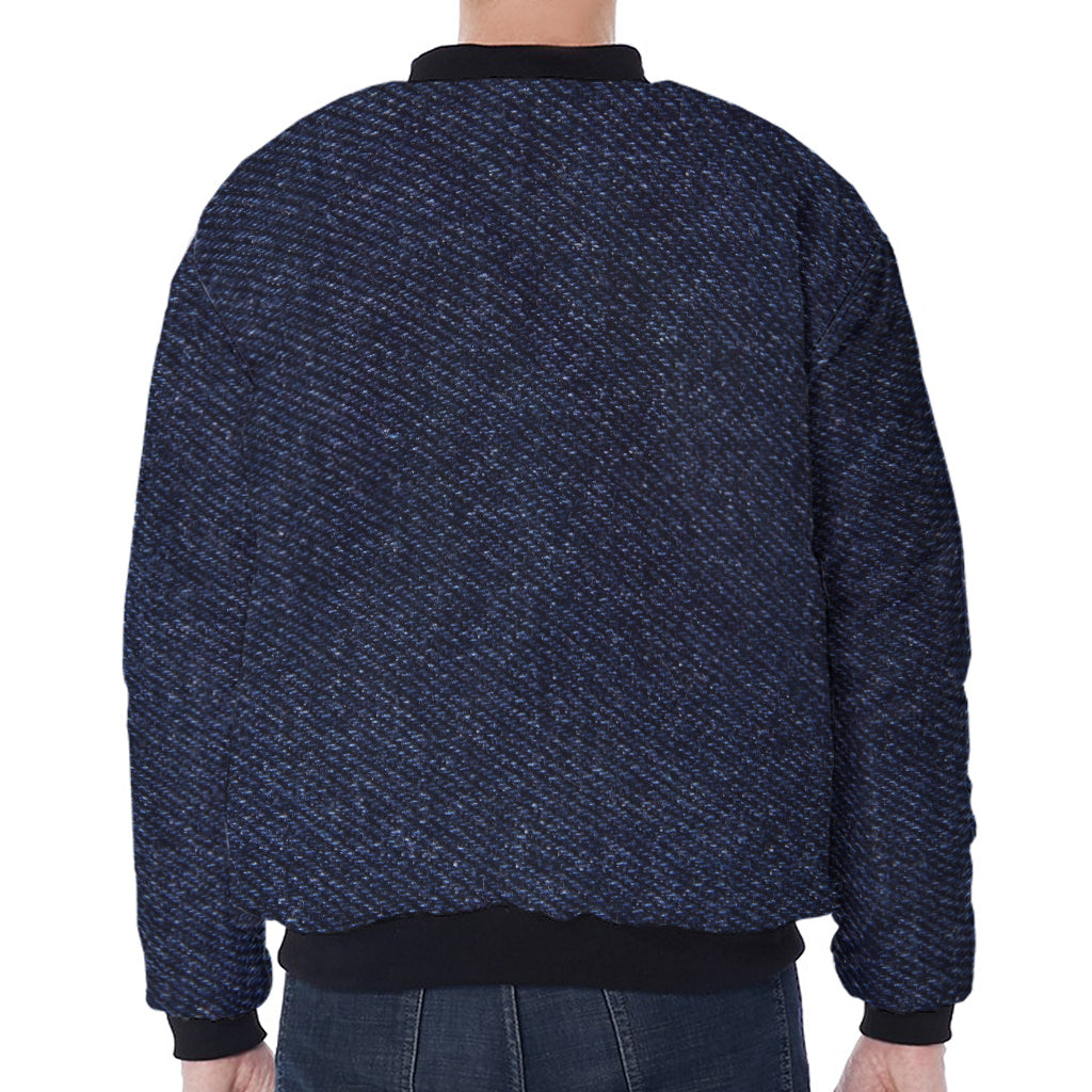 Dark Blue Denim Jeans Print Zip Sleeve Bomber Jacket
