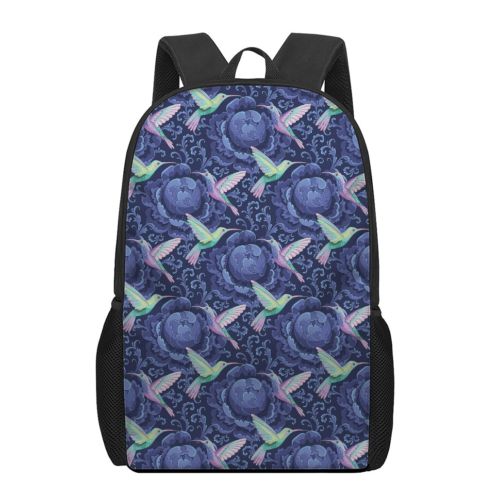 Dark Blue Floral Hummingbird Print 17 Inch Backpack