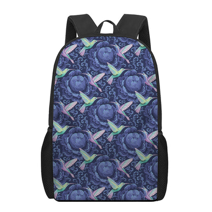 Dark Blue Floral Hummingbird Print 17 Inch Backpack