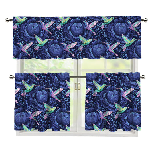Dark Blue Floral Hummingbird Print 3 Piece Kitchen Curtains