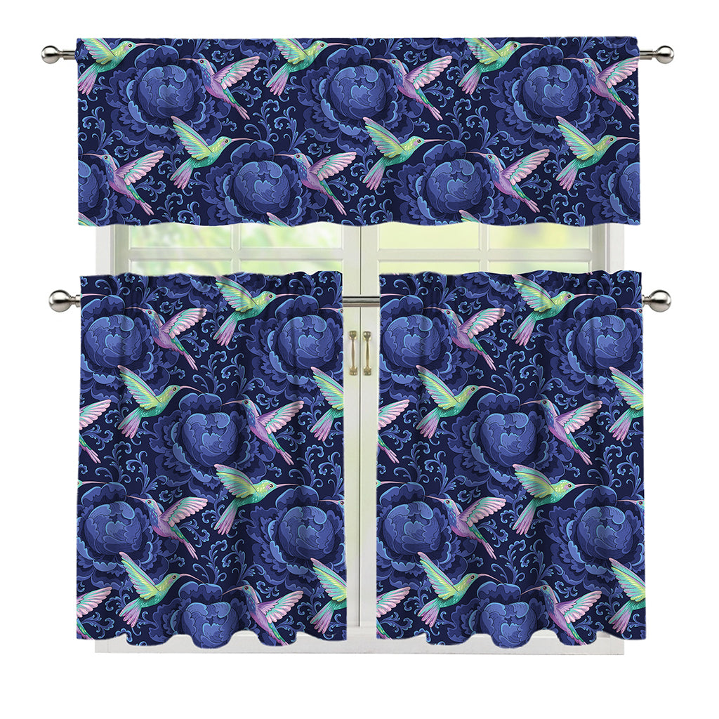 Dark Blue Floral Hummingbird Print 3 Piece Kitchen Curtains