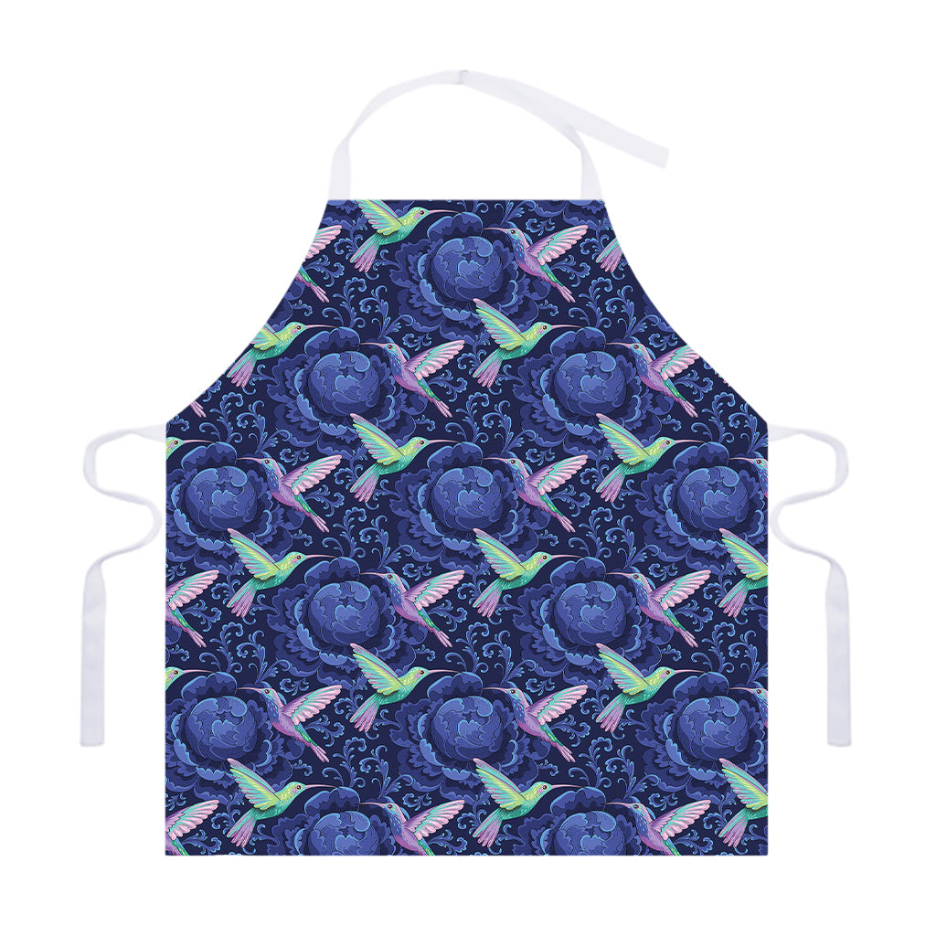 Dark Blue Floral Hummingbird Print Adjustable Apron